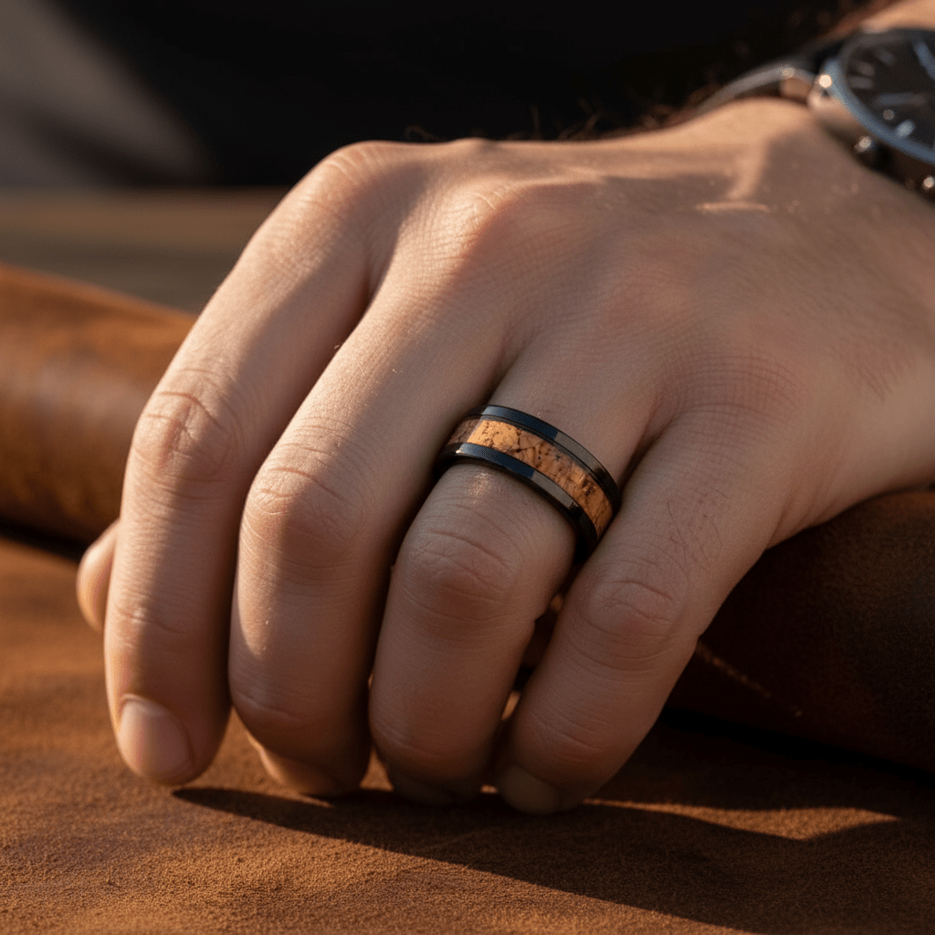 LANG — Lifestyle photo on hand — men's tungsten wedding ring.