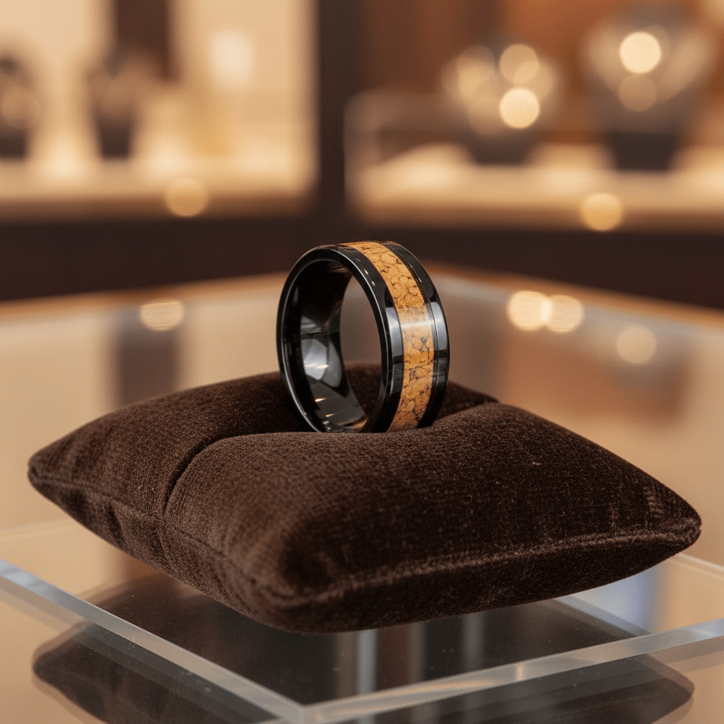 LANG — Premium boutique display on velvet — men's tungsten wedding ring.