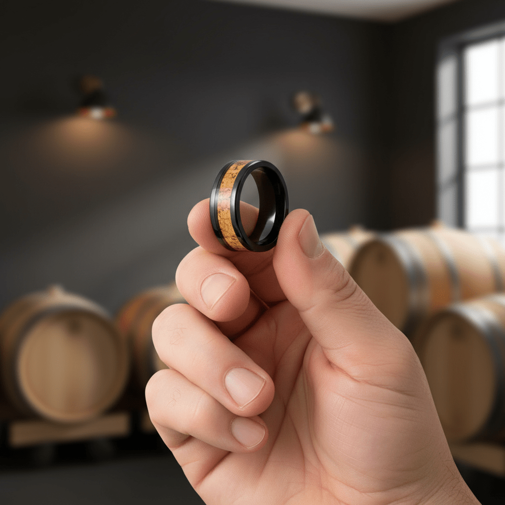 LANG — Held between fingers close-up — men's tungsten wedding ring.