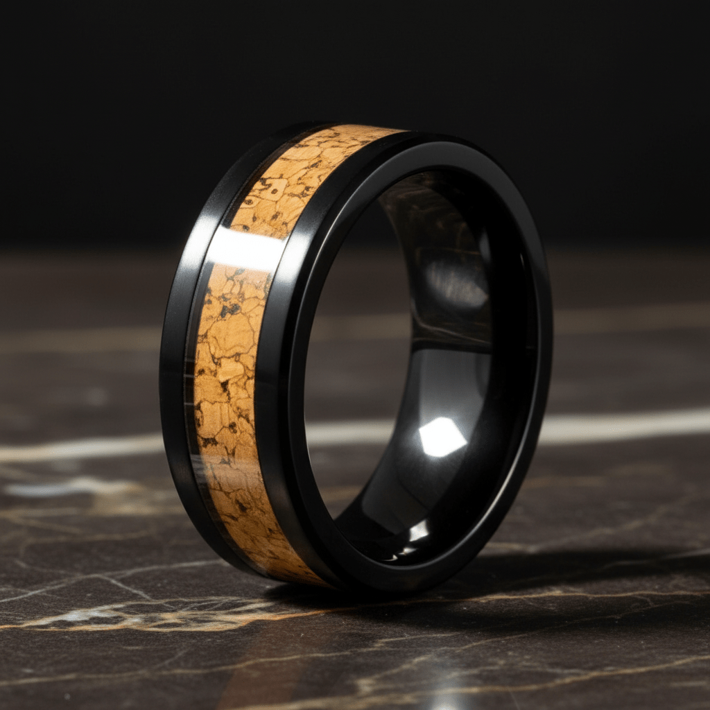 LANG — Luxury 3/4 angle on dark marble — men's tungsten wedding ring.