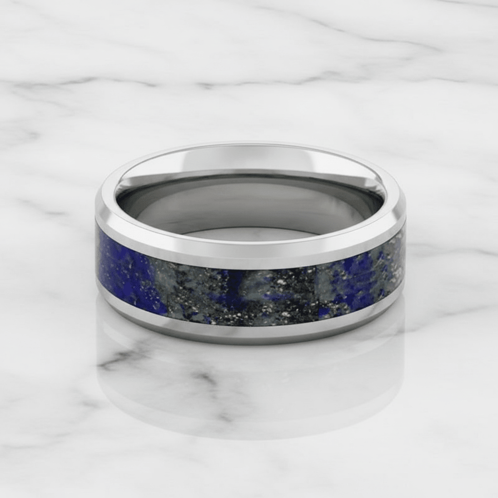 Lapis Lazuli inlay 14k yellow gold wedding band 8mm, close-up of inlay