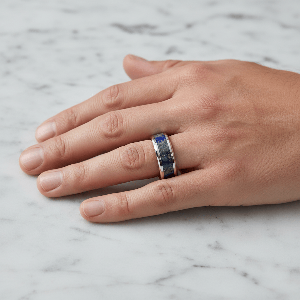 Lapis Lazuli inlay 14k yellow gold wedding band 8mm, on the hand