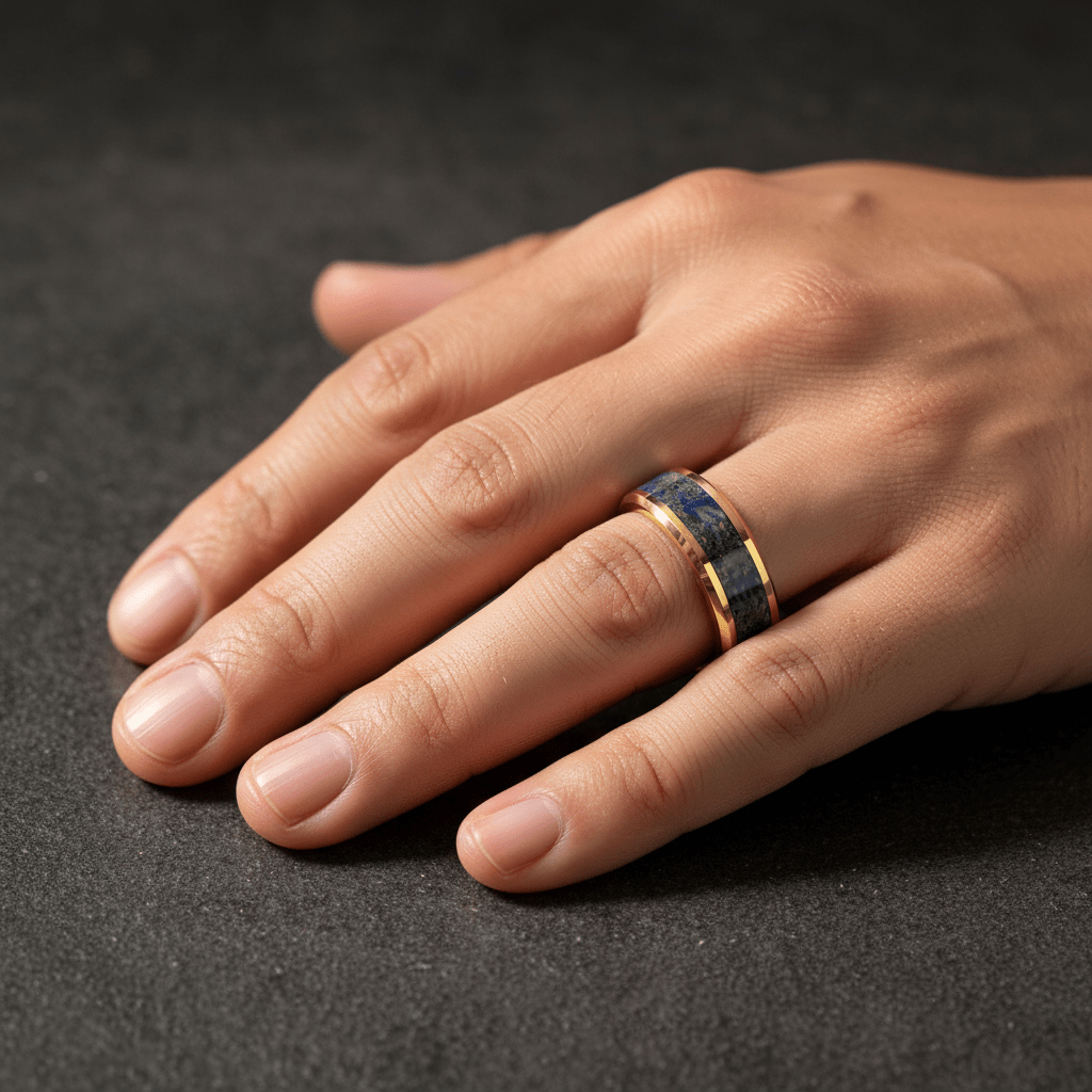 Lapis Lazuli inlay 14k yellow gold wedding band 8mm, angled view