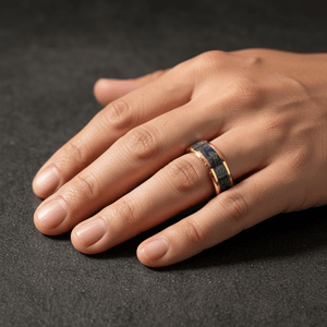 Lapis Lazuli inlay 14k yellow gold wedding band 8mm, angled view