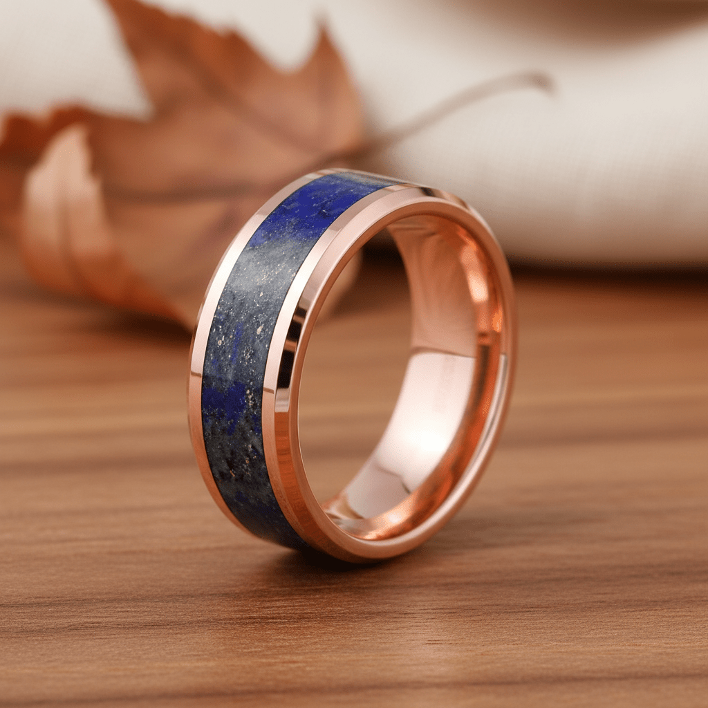 Lapis Lazuli inlay 14k yellow gold wedding band 8mm, additional view 6