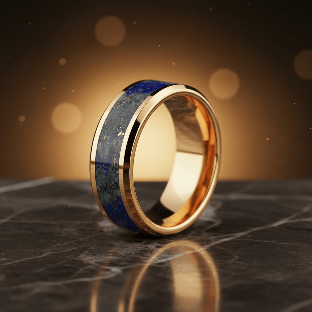 Lapis Lazuli inlay 14k yellow gold wedding band 8mm, side profile