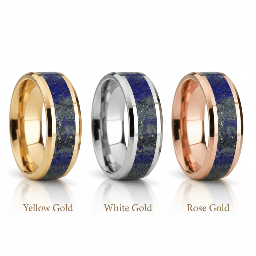 Lapis Lazuli inlay 14k yellow gold wedding band 8mm, top view