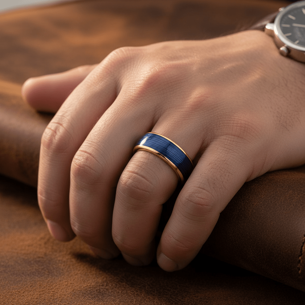 LEHRI — Lifestyle photo on hand — men's tungsten wedding ring.
