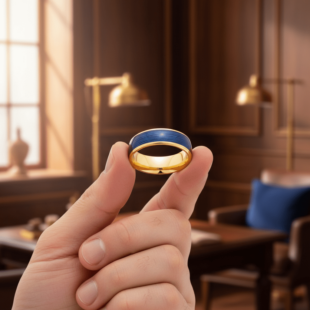 LEHRI — Held between fingers close-up — men's tungsten wedding ring.