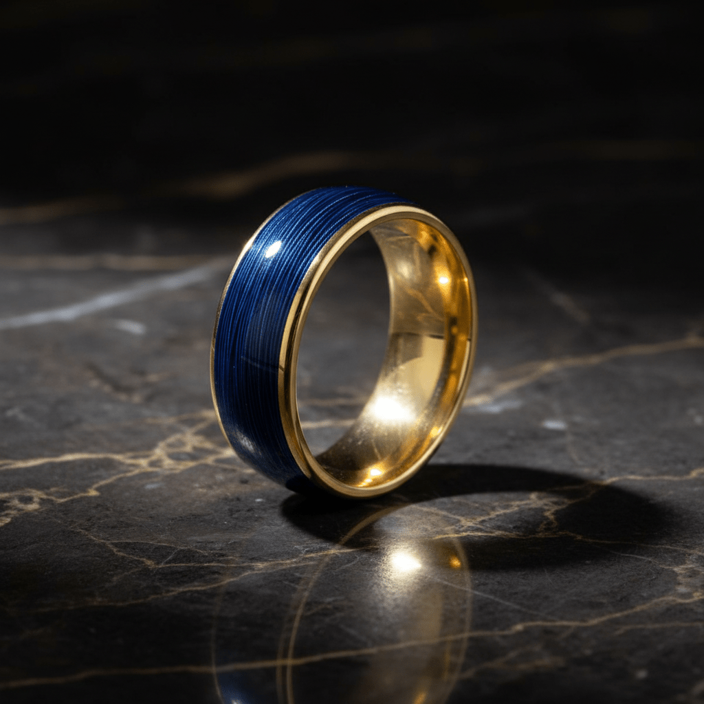 LEHRI — Luxury 3/4 angle on dark marble — men's tungsten wedding ring.