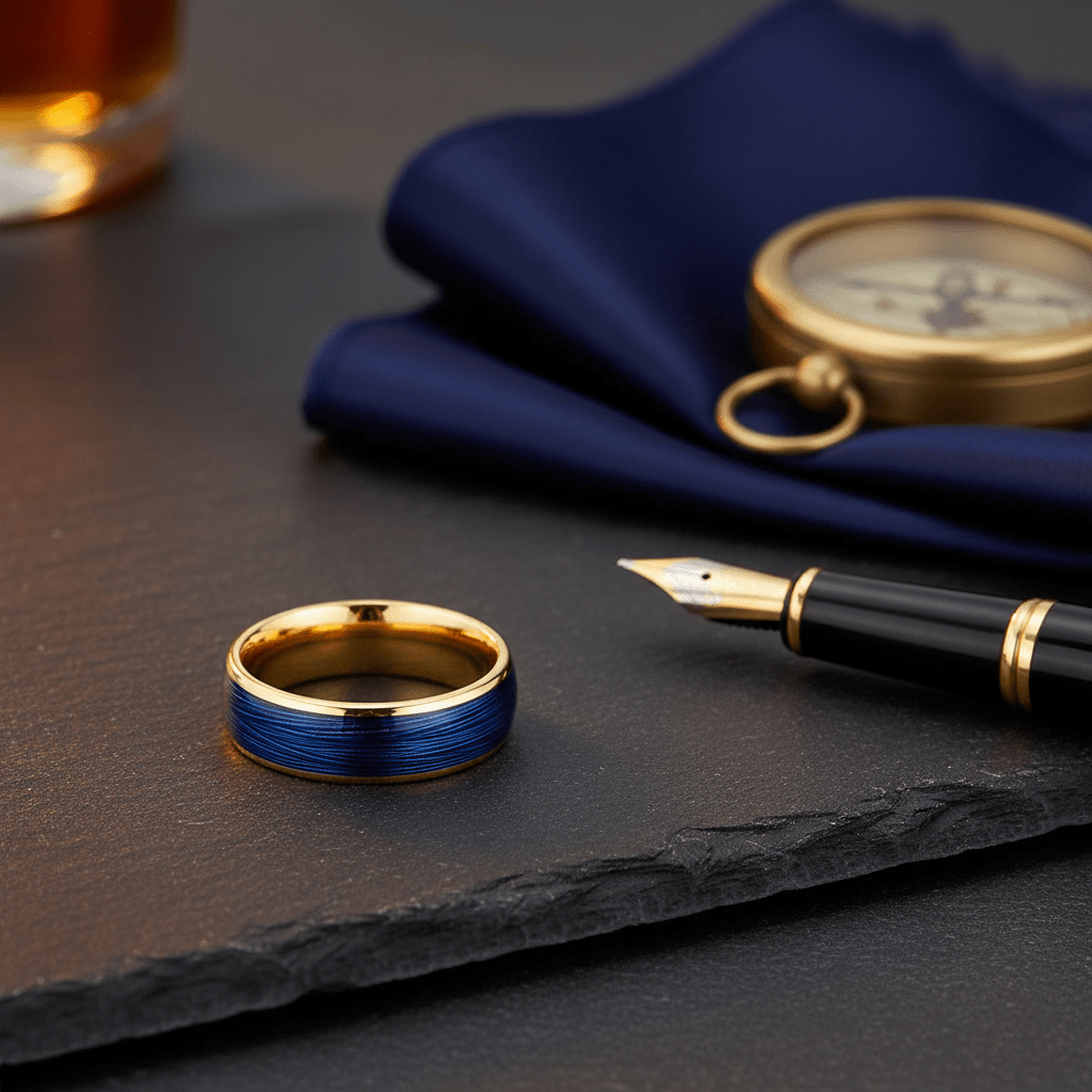 LEHRI — Editorial masculine still life — men's tungsten wedding ring.