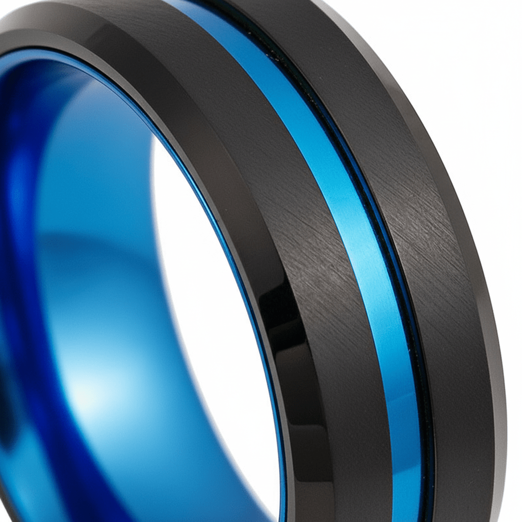 LELRA — Extreme macro detail — men's tungsten wedding ring.