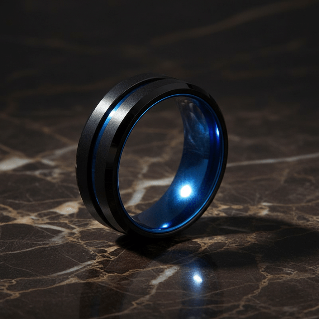LELRA — Luxury 3/4 angle on dark marble — men's tungsten wedding ring.