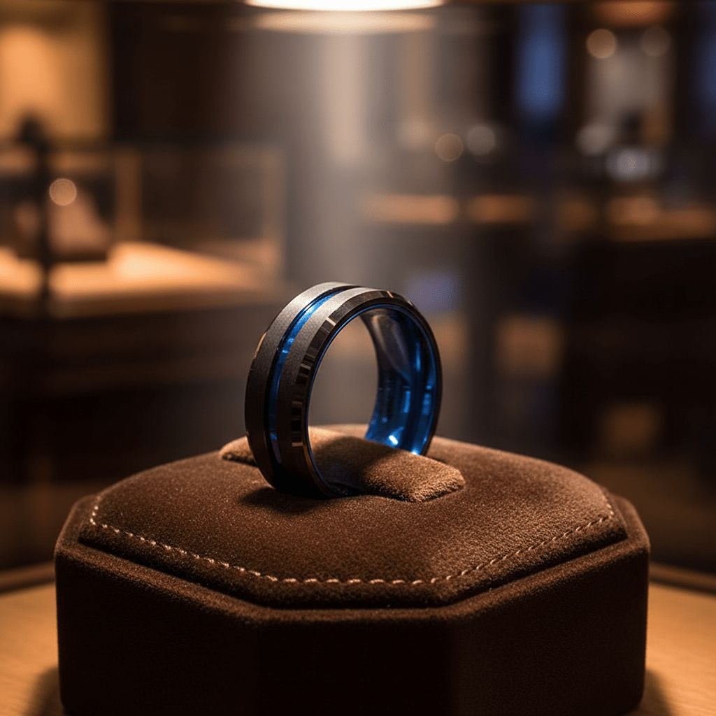 LELRA — Premium boutique display on velvet — men's tungsten wedding ring.
