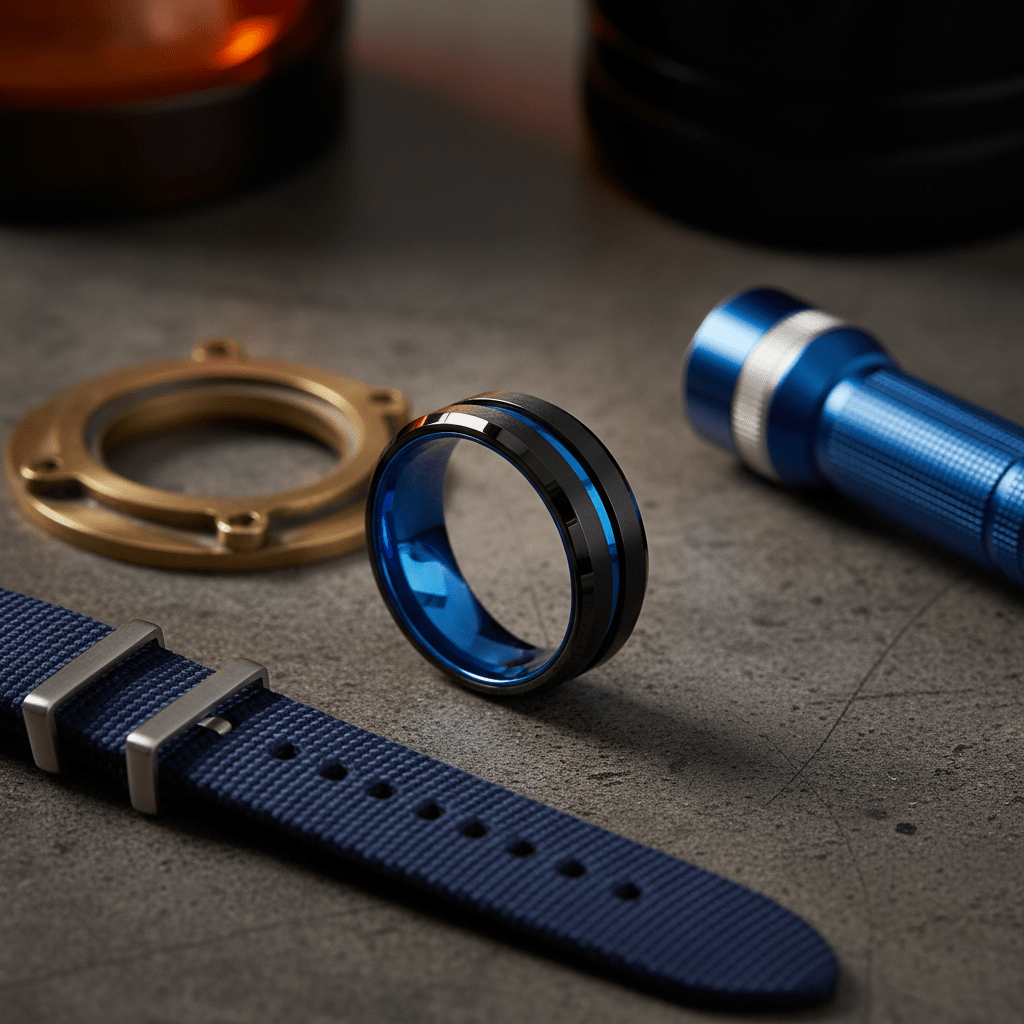 LELRA — Editorial masculine still life — men's tungsten wedding ring.