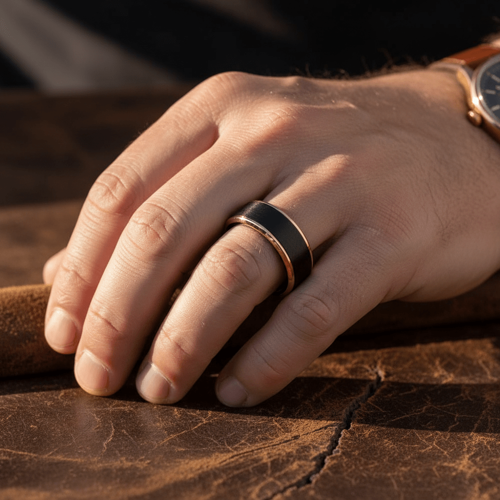 LEONARDO black tungsten wedding band with brushed center and rose gold stepped edges, angled view