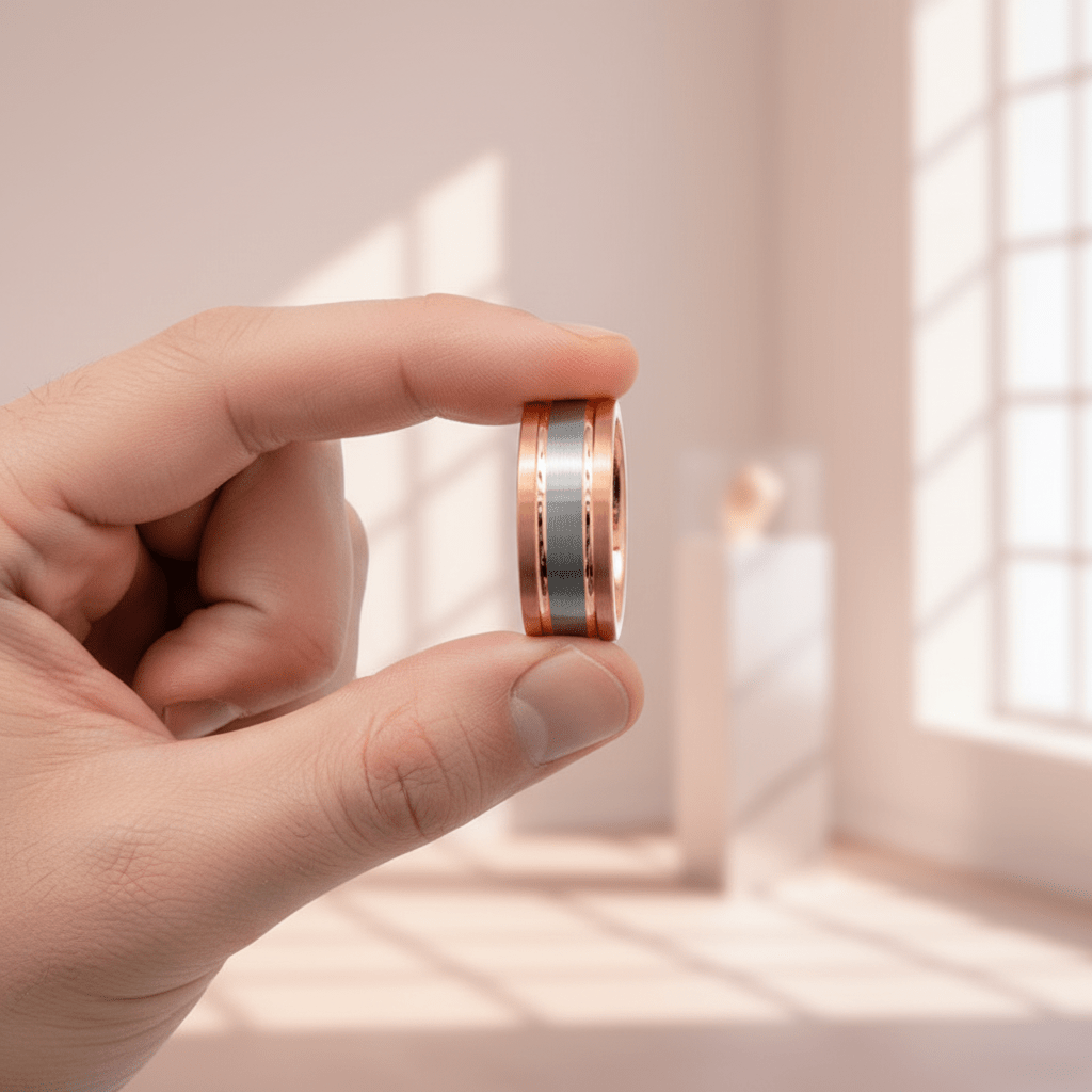 LEONEL — Held between fingers close-up — men's tungsten wedding ring.