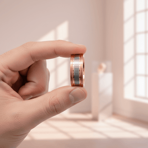LEONEL — Held between fingers close-up — men's tungsten wedding ring.