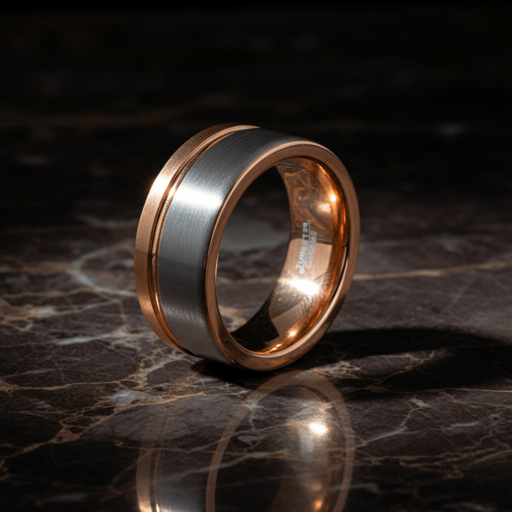 LEONEL — Luxury 3/4 angle on dark marble — men's tungsten wedding ring.