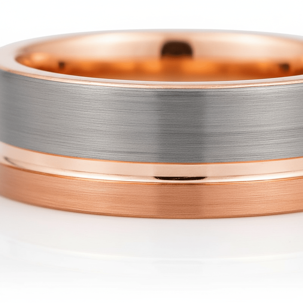 LEONEL — Extreme macro detail — men's tungsten wedding ring.