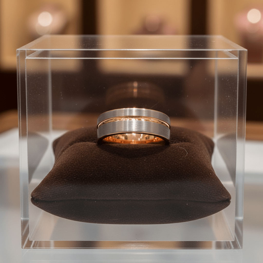 LEONEL — Premium boutique display on velvet — men's tungsten wedding ring.