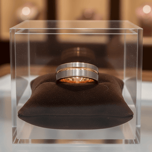 LEONEL — Premium boutique display on velvet — men's tungsten wedding ring.