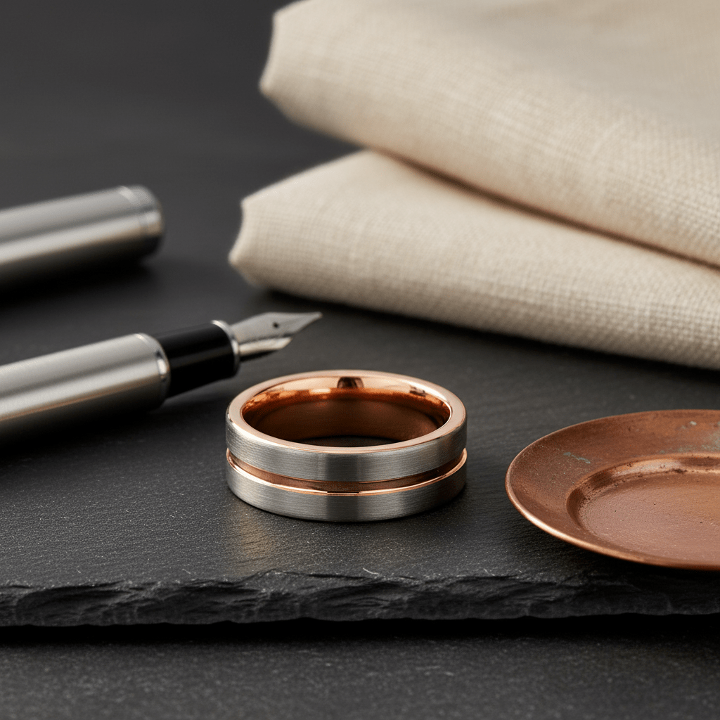 LEONEL — Editorial masculine still life — men's tungsten wedding ring.