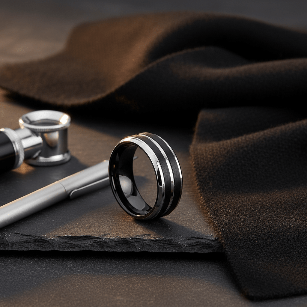 LEOPARD — Editorial masculine still life — men's tungsten wedding ring.