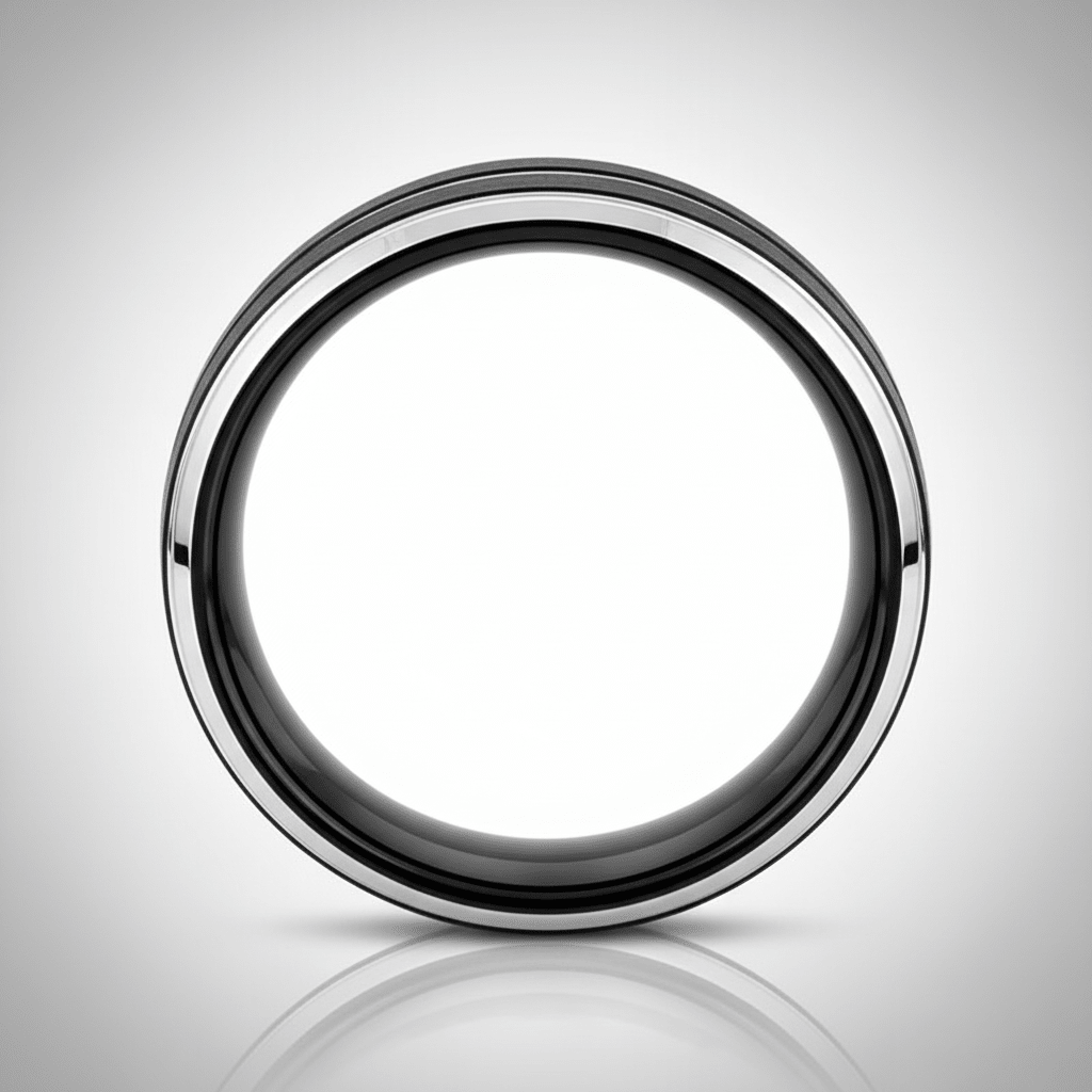 LEOPARD — Center-through axial view — men's tungsten wedding ring.