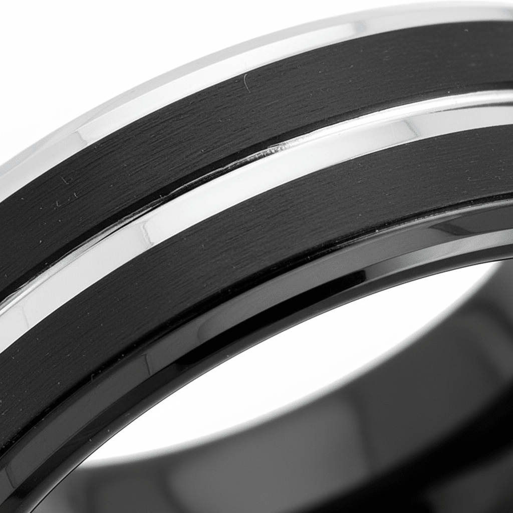 LEOPARD — Extreme macro detail — men's tungsten wedding ring.