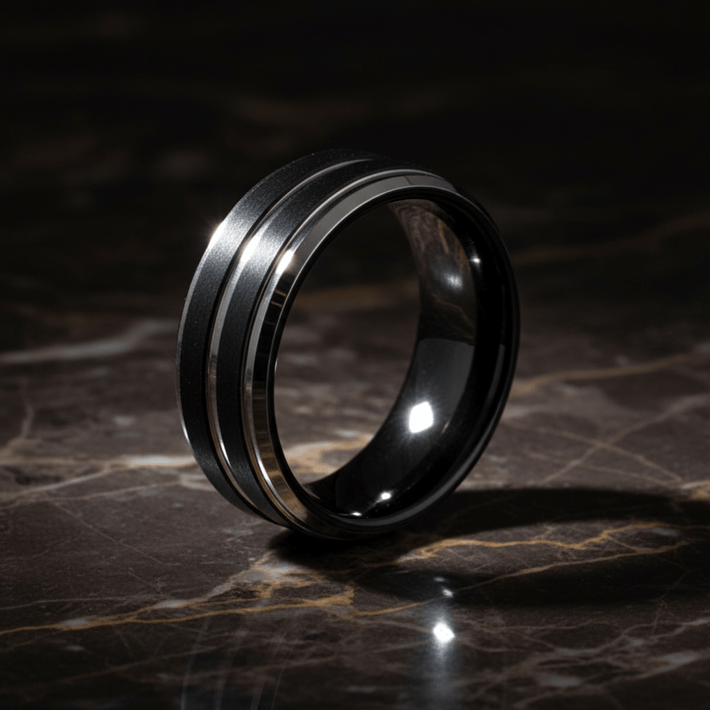 LEOPARD — Luxury 3/4 angle on dark marble — men's tungsten wedding ring.