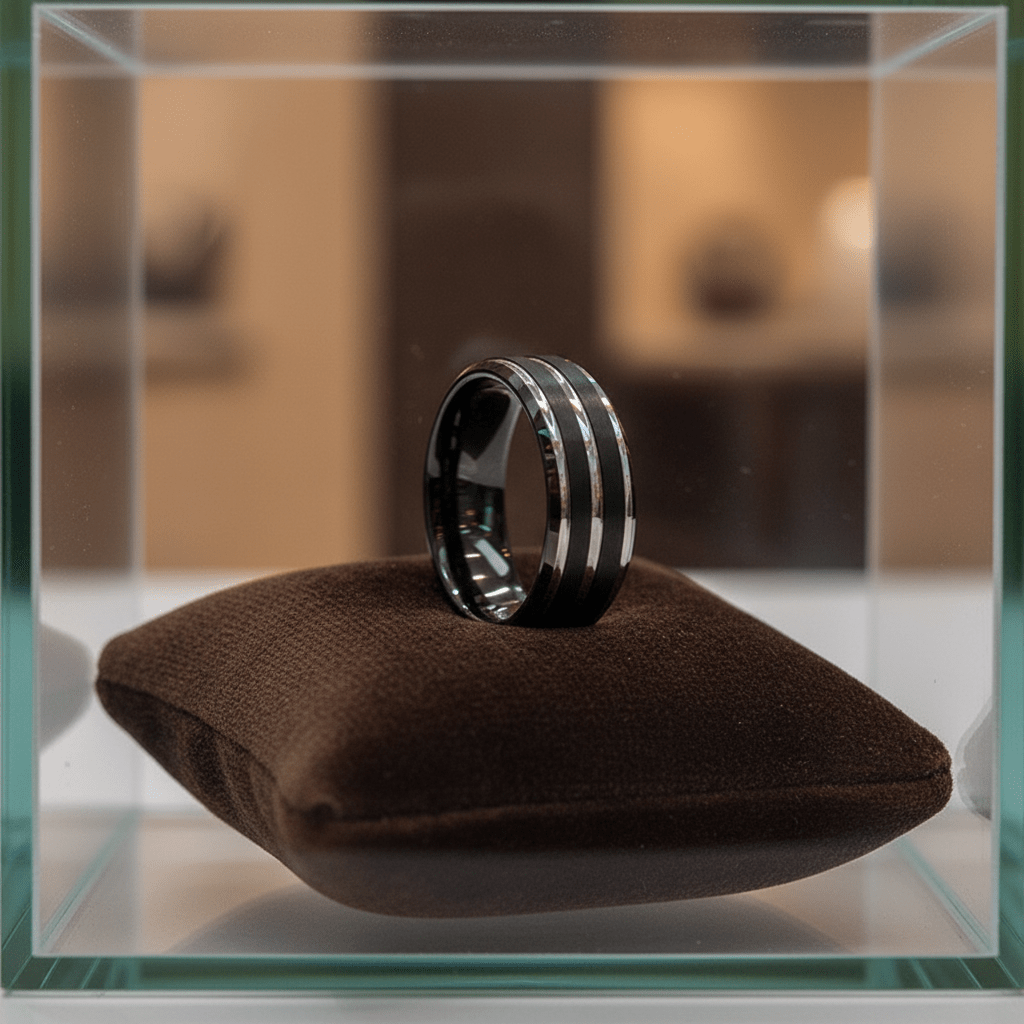 LEOPARD — Premium boutique display on velvet — men's tungsten wedding ring.