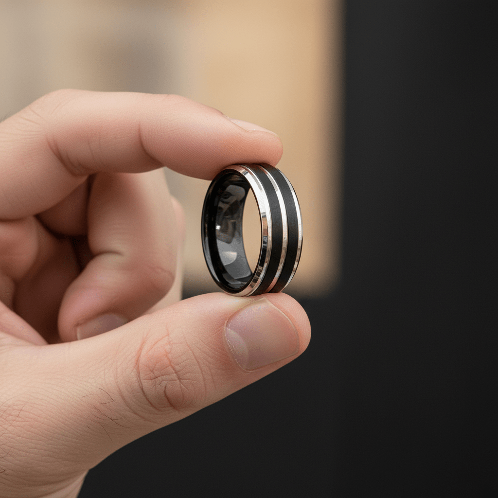LEOPARD — Held between fingers close-up — men's tungsten wedding ring.