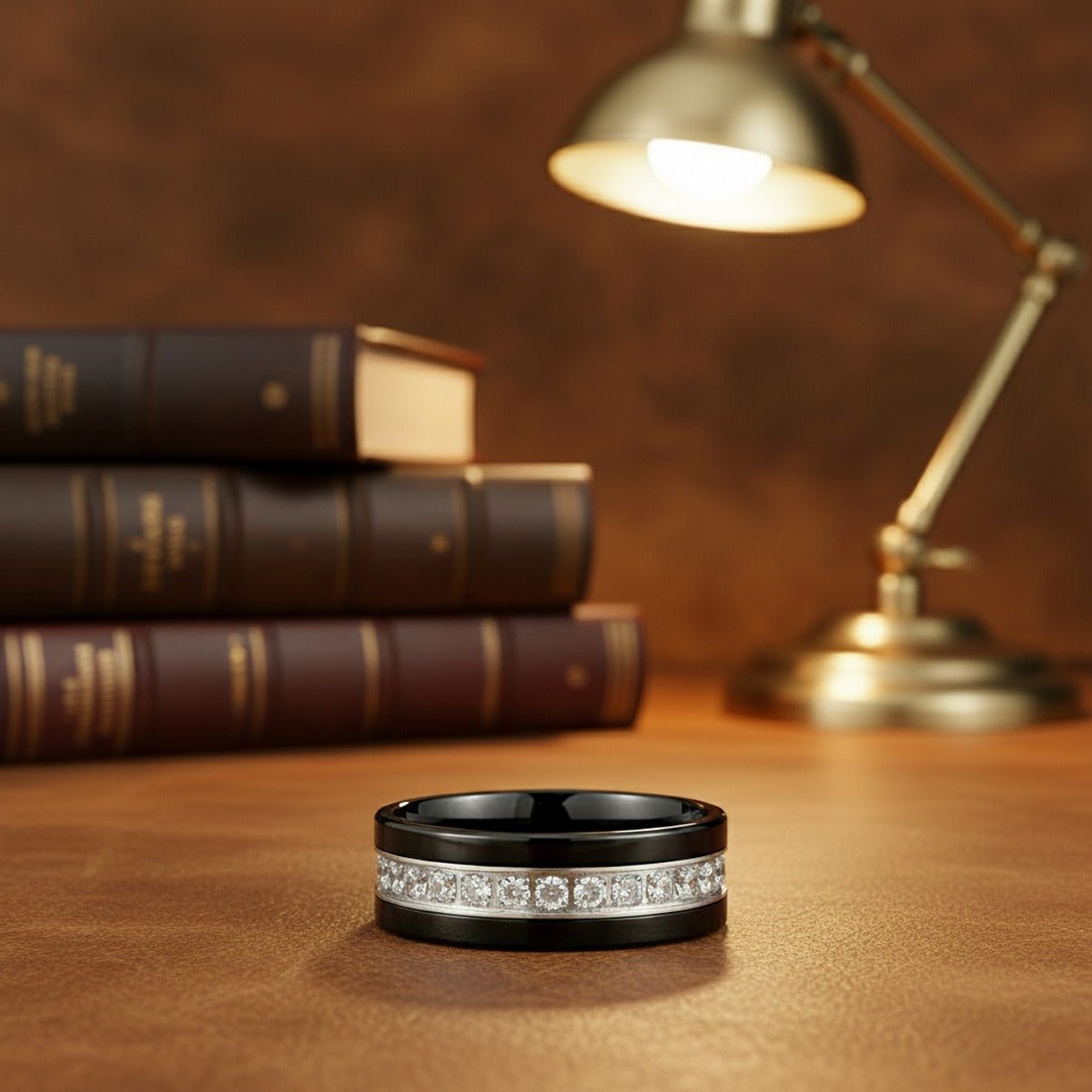 Aydins LEPORIS | Black Tungsten Ring, Diamond Stimulant CZ Eternity, Flat lifestyle scene, leather library