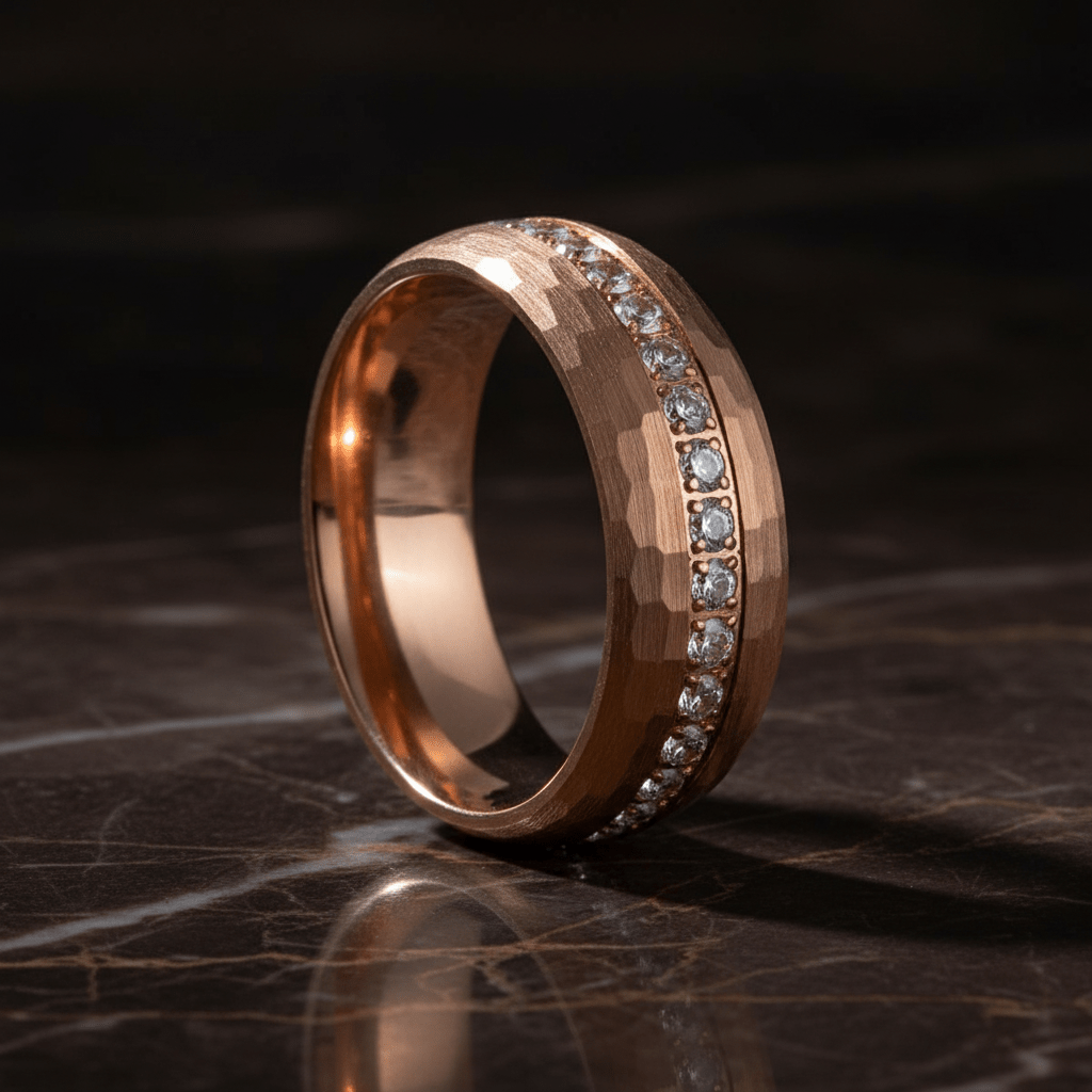LOPEZVILLE — Luxury 3/4 angle on dark marble — men's tungsten wedding ring.