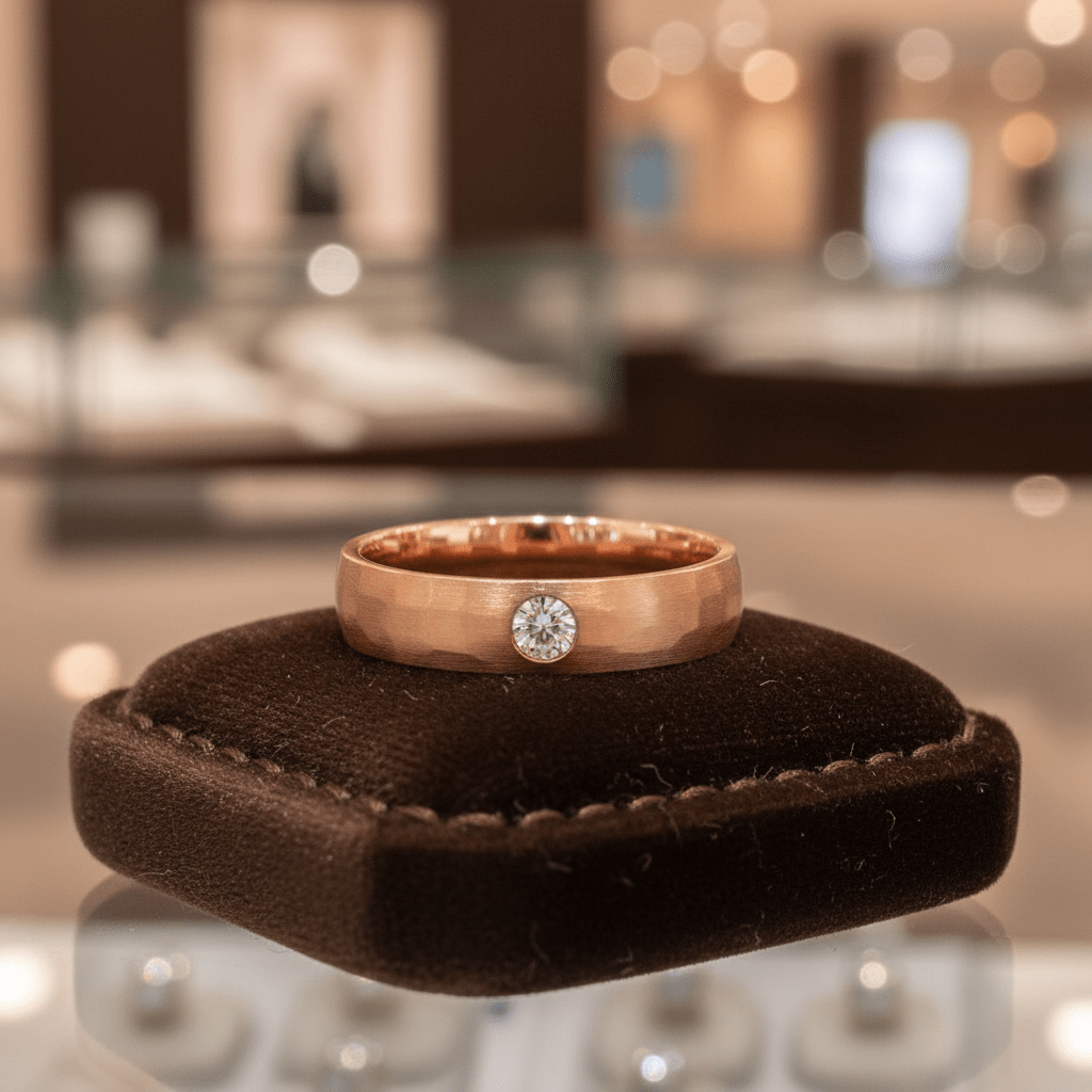 LOPEZVILLE — Premium boutique display on velvet — men's tungsten wedding ring.