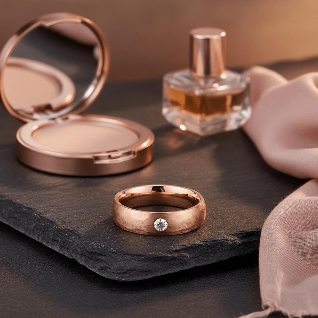 LOPEZVILLE — Editorial masculine still life — men's tungsten wedding ring.