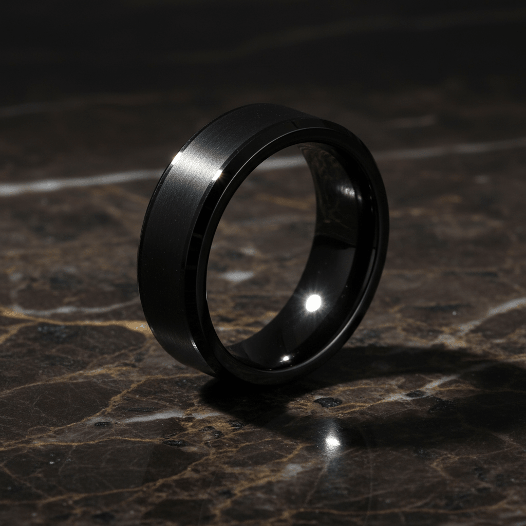 LOVELL — Luxury 3/4 angle on dark marble — men's tungsten wedding ring.