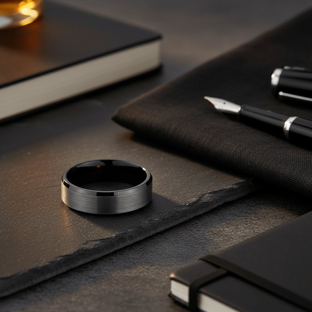 LOVELL — Editorial masculine still life — men's tungsten wedding ring.
