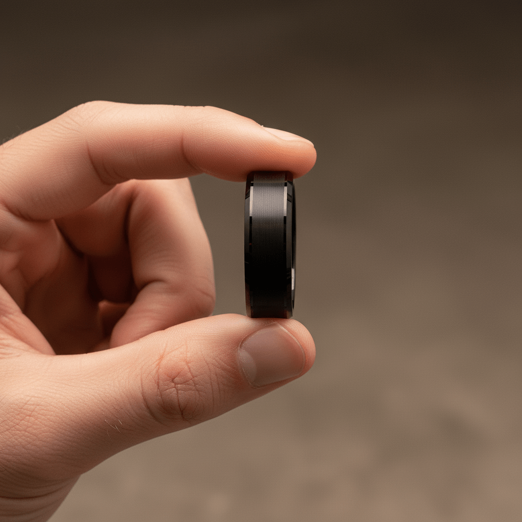 LOVELL — Held between fingers close-up — men's tungsten wedding ring.