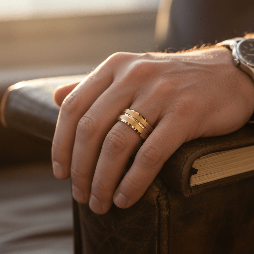 LUCIO — Lifestyle photo on hand — men's tungsten wedding ring.