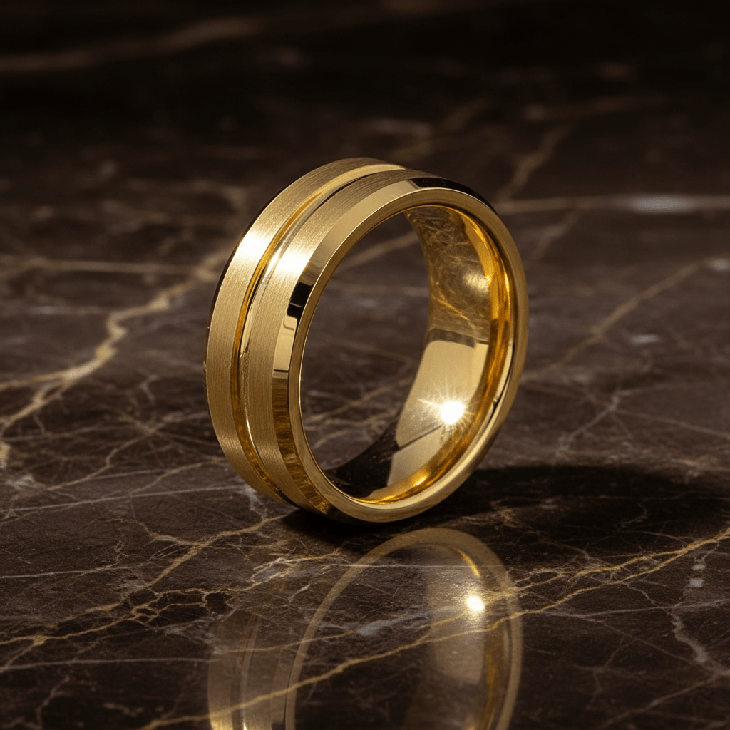 LUCIO — Luxury 3/4 angle on dark marble — men's tungsten wedding ring.