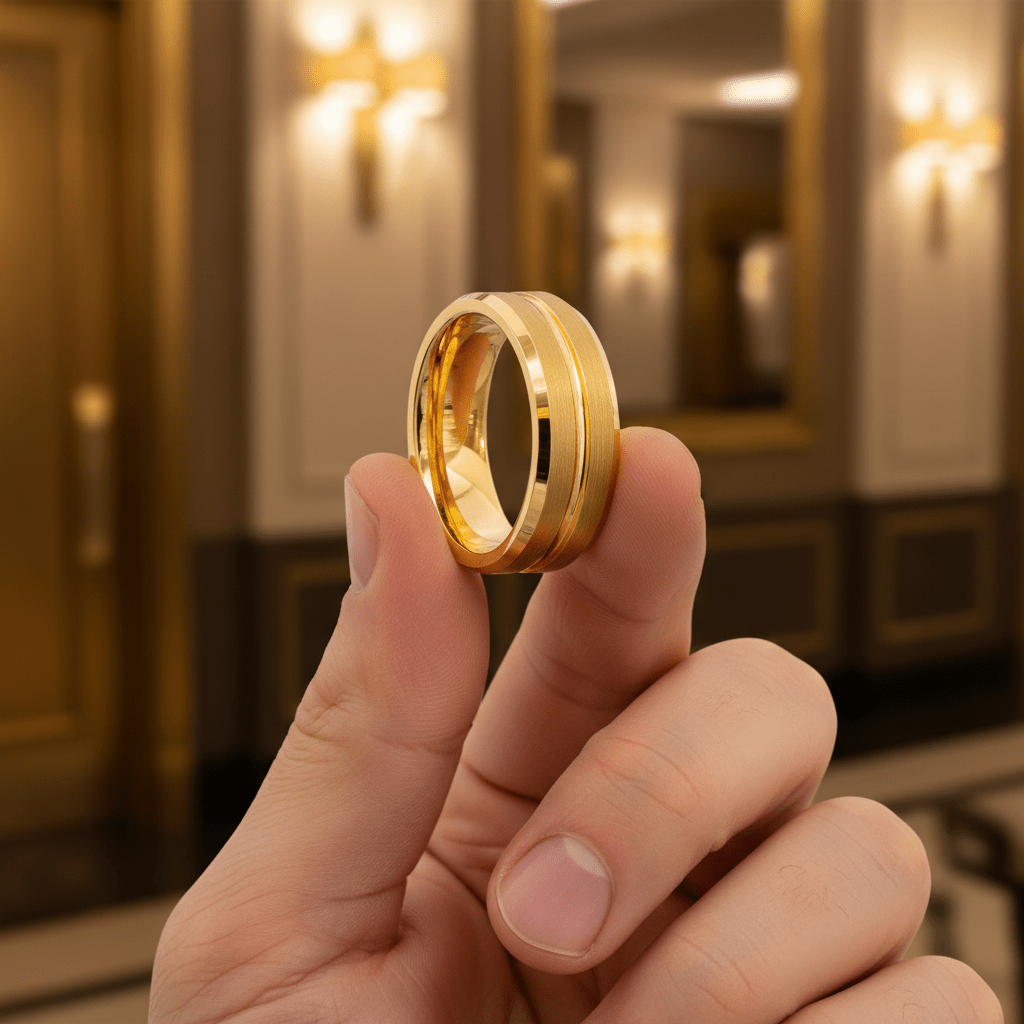 LUCIO — Held between fingers close-up — men's tungsten wedding ring.