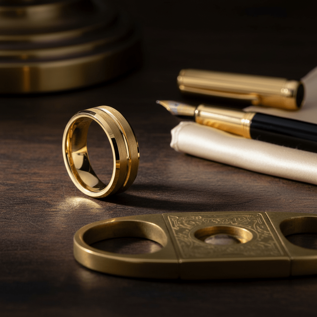 LUCIO — Editorial masculine still life — men's tungsten wedding ring.