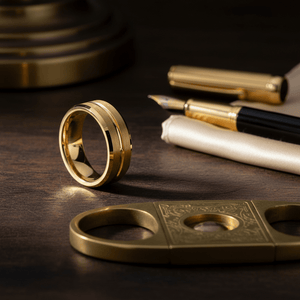 LUCIO — Editorial masculine still life — men's tungsten wedding ring.