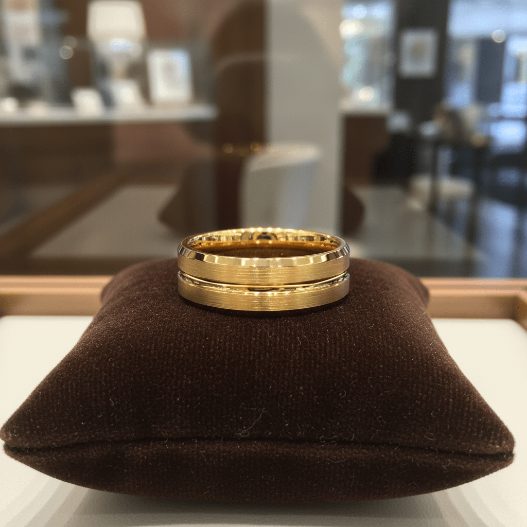 LUCIO — Premium boutique display on velvet — men's tungsten wedding ring.