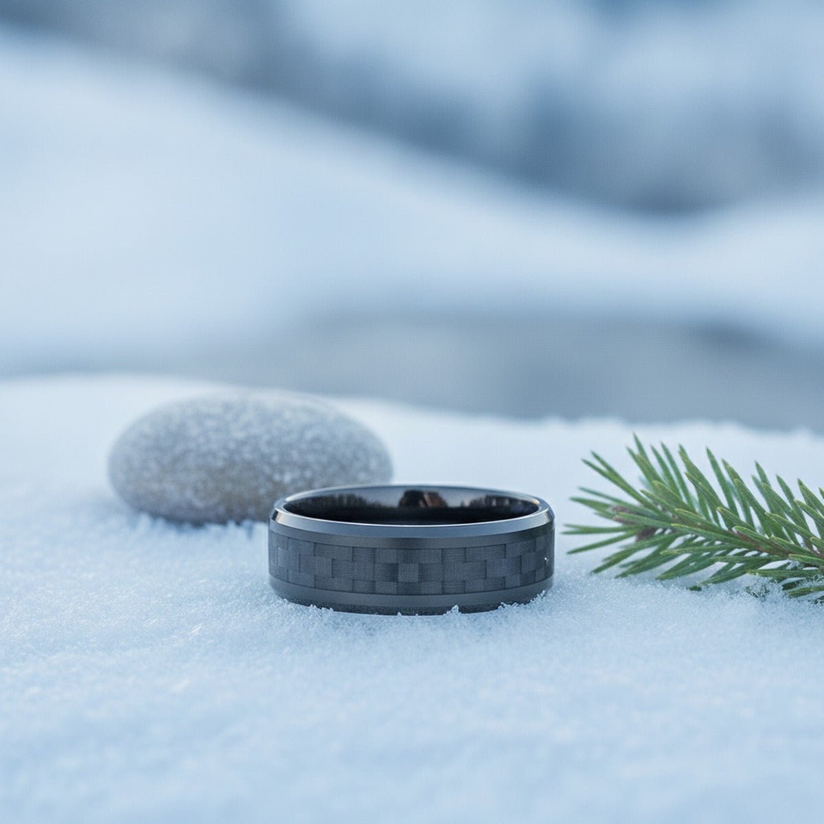 Aydins LUCIUS | Black Tungsten Black Carbon Fiber Inlay Wedding Ring 8mm lifestyle scene, snowy pine