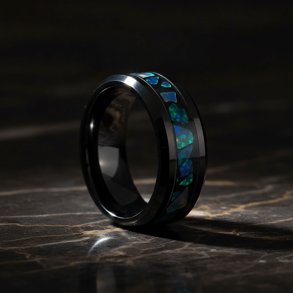 LUMINARIA — Luxury 3/4 angle on dark marble — men's tungsten wedding ring.