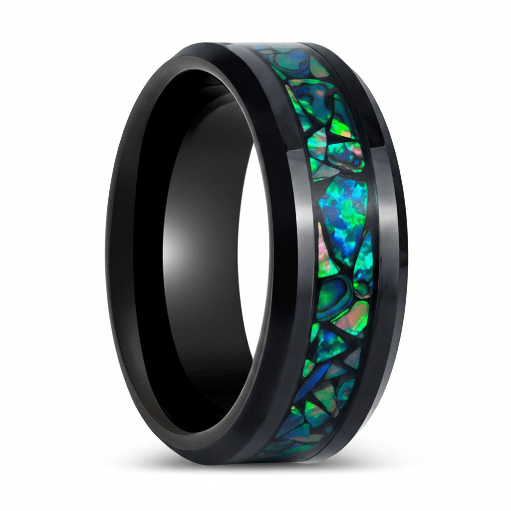 LUMINARIA — Hero product shot — men's tungsten wedding ring.