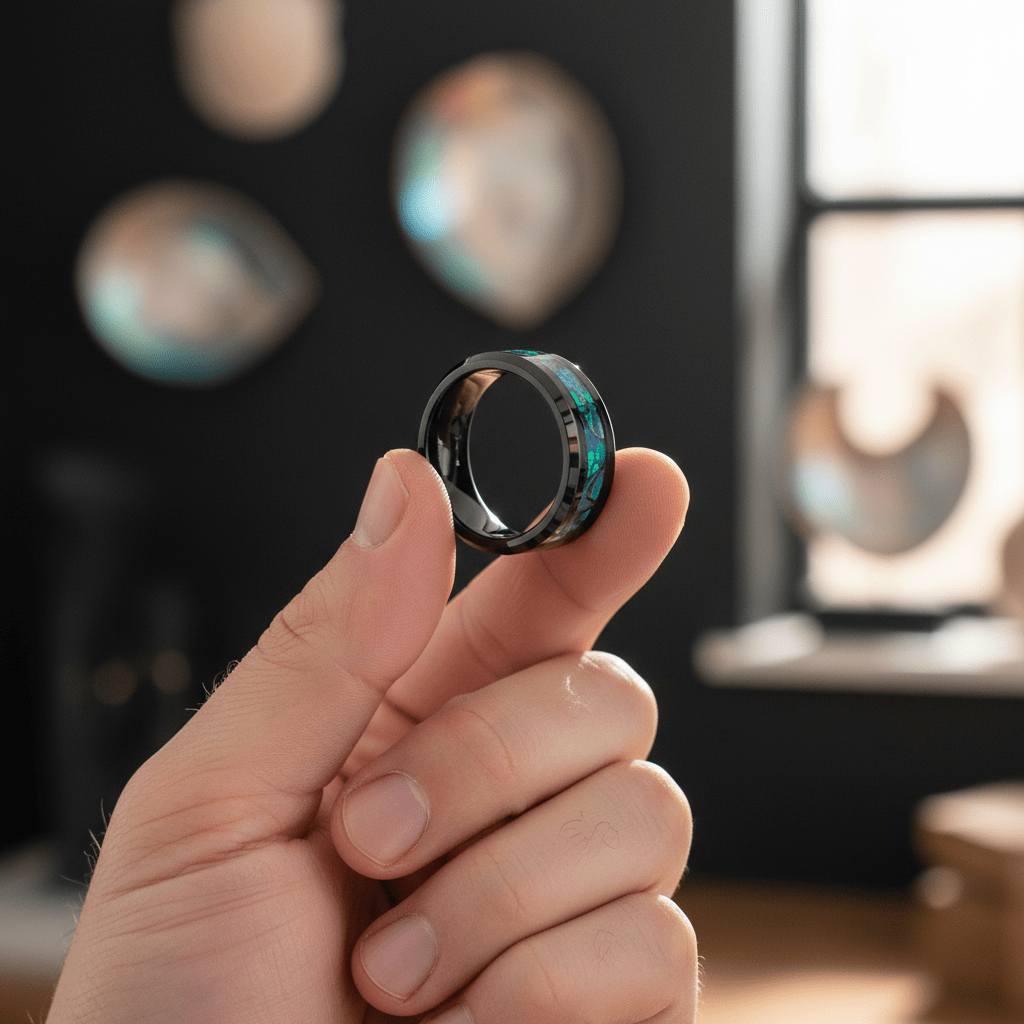 LUMINARIA — Held between fingers close-up — men's tungsten wedding ring.